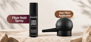 Adomour Fiber Hold Spray and Hair Fiber Applicator displayed side by side on a neutral background.