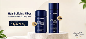 Adomour Hair Building Fiber in 14g and 27.5g sizes for thinning hair, with keratin-based fibres and precision applicator options