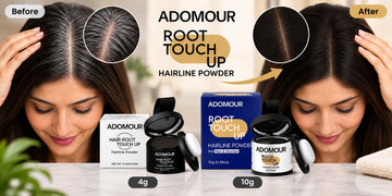 Adomour Root Touch Up Powder for grey root coverage, showing 4g and 10g hairline powder options