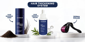 Adomour Hair Thickening System with hair building fiber, hair growth serum and derma roller