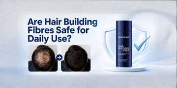 Before and after hair thinning transformation with Adomour Hair Building Fibre bottle showing safe daily use hair fibres for fuller-looking hair