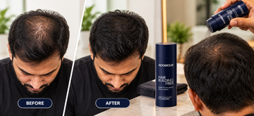 Black hair fibers applied to thinning crown on dark Indian hair, before and after comparison