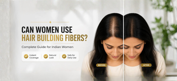 Indian woman showing before and after results of hair building fibers for thinning hair and wide parting lines