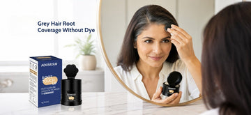Woman applying Adomour Hair Root Touch-Up Mud to cover grey hair roots instantly without permanent hair dye in a modern bathroom.