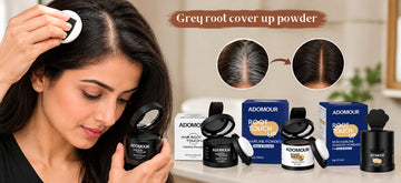 Adomour grey root cover up powder with 4g and 10g hairline powder compacts and 6g mud hairline shadow powder, shown alongside product application and before-and-after grey root coverage.