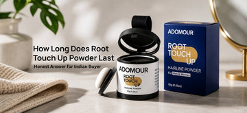 Original Adomour Root Touch Up Hairline Powder for instant grey root coverage, featured in a guide explaining how long root touch up powder lasts in Indian weather.