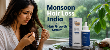 Indian woman experiencing monsoon hair loss while using Adomour Hair Growth Serum to support scalp health and reduce seasonal hair fall.