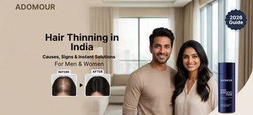 Hair thinning in India causes, signs and instant solutions using Adomour hair building fibers for thicker hair