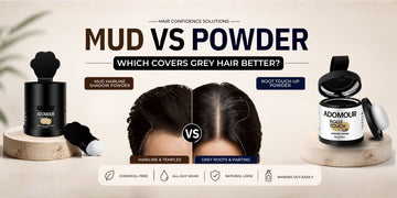 Adomour Root Touch Up Mud vs Root Touch Up Powder comparison showing hairline coverage, temple filling, grey root coverage, and scalp concealing results.