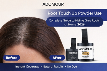 Root touch up powder for grey roots using Adomour for instant coverage between hair colouring at home