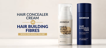 Hair Concealer Cream vs Hair Building Fibres comparison featuring original Adomour Hair & Scalp Concealer Cream and Adomour Hair Building Fiber for thinning hair and bald spot coverage in India.