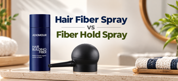Adomour hair building fibers bottle and applicator pump illustrating hair fiber spray vs fiber hold spray