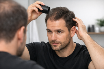 Man applying hair fibers to thinning hair in front of a mirror for fuller looking hair