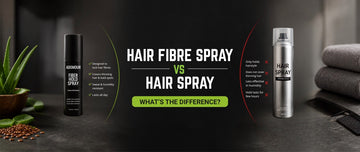 Adomour Hair Fibre Spray vs regular hair spray comparison showing how a fibre hold spray locks hair building fibres for long-lasting coverage and humidity resistance in India.