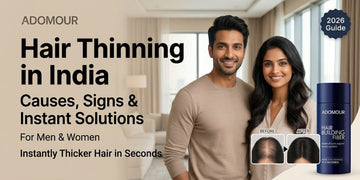 Hair thinning in India causes, signs and instant solutions using Adomour hair building fibers for thicker hair