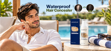 Adomour waterproof hair and scalp concealer cream featured in a poolside setting for swimming and pool days