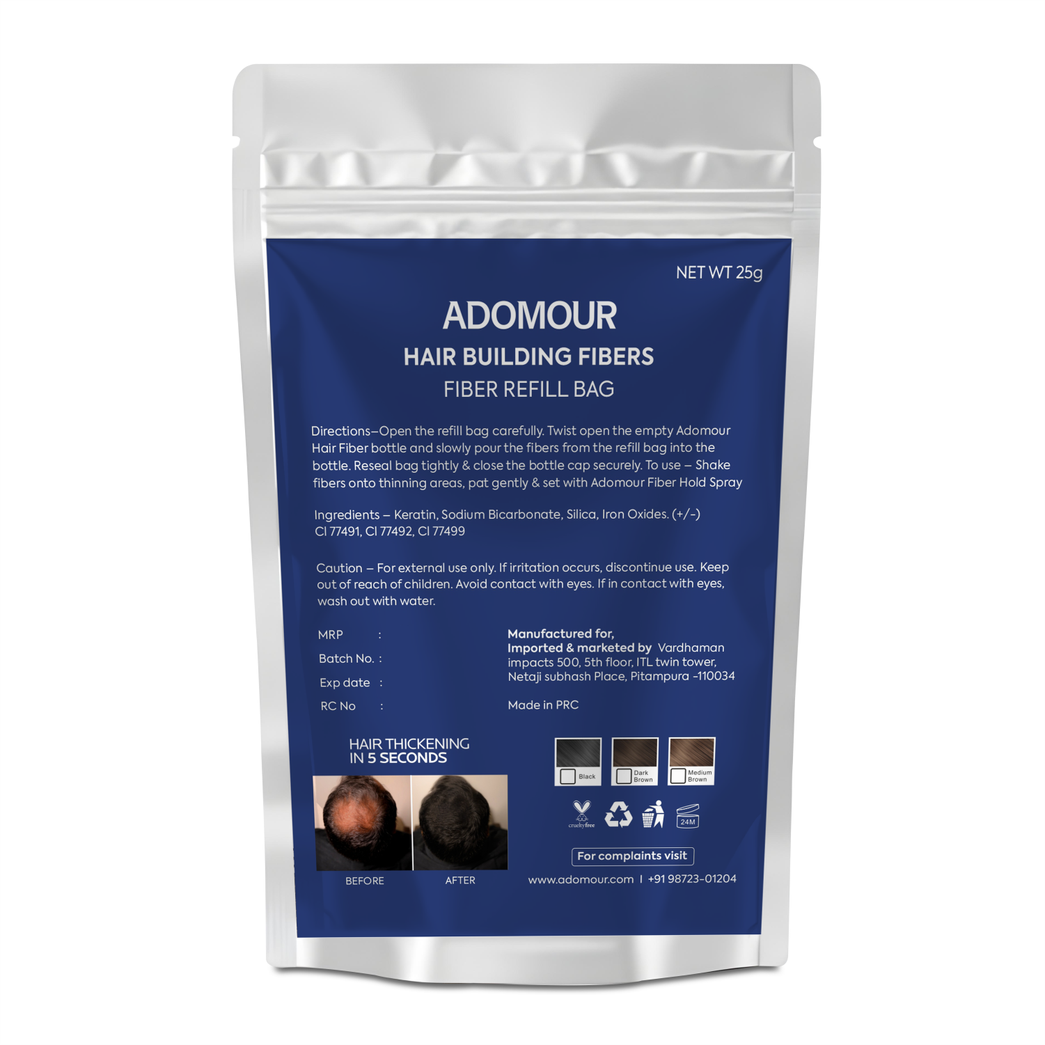 Adomour Hair Building Fiber Refill Pack 25g back side packaging with ingredients, directions and keratin hair fiber details