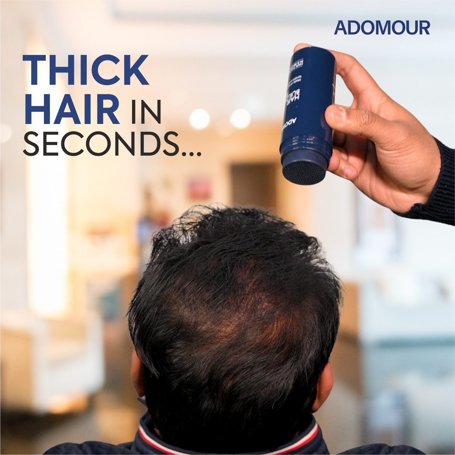 Adomour hair building fibers application on thinning crown area for instant thicker hair coverage in seconds