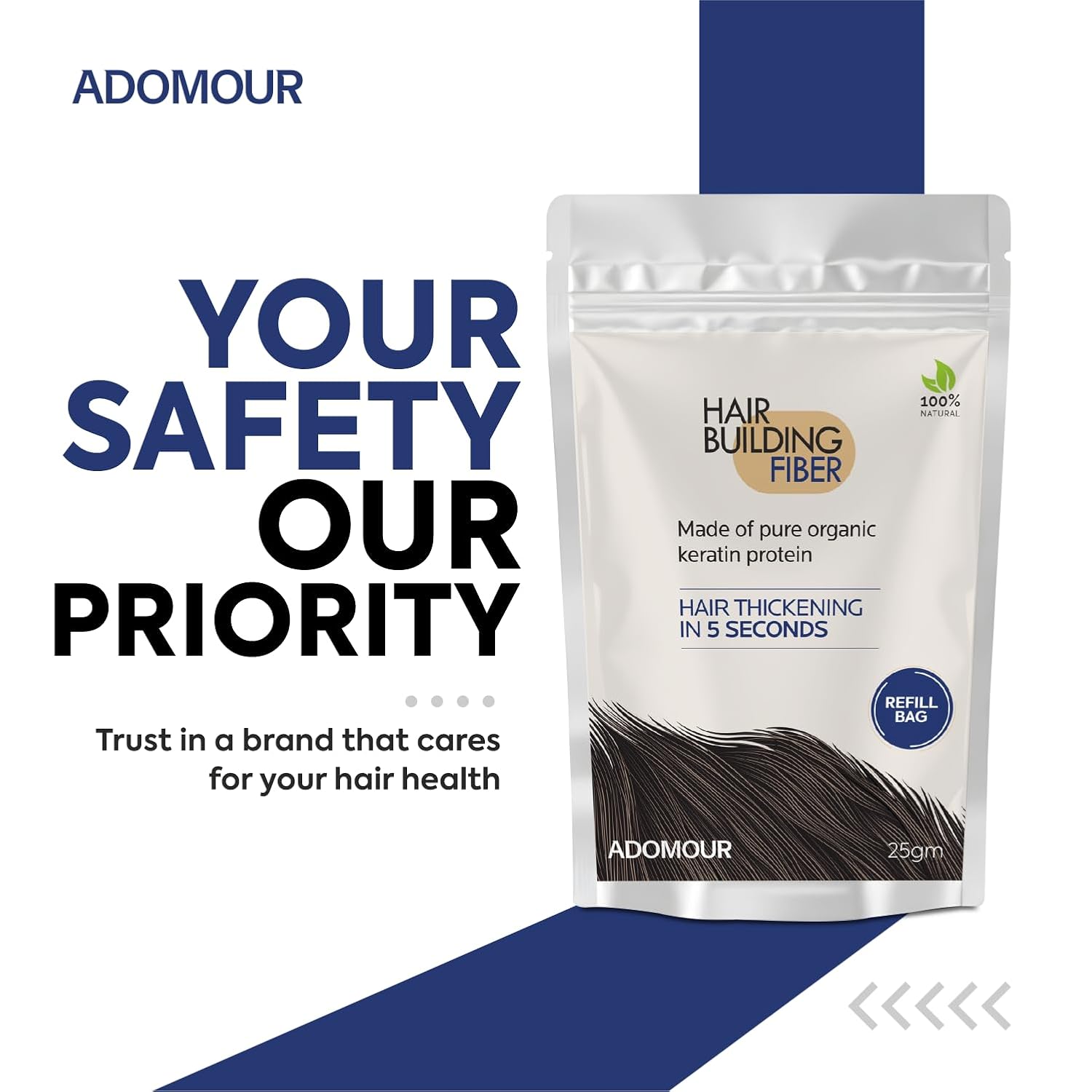 Adomour hair building fiber package with safety message on a white background