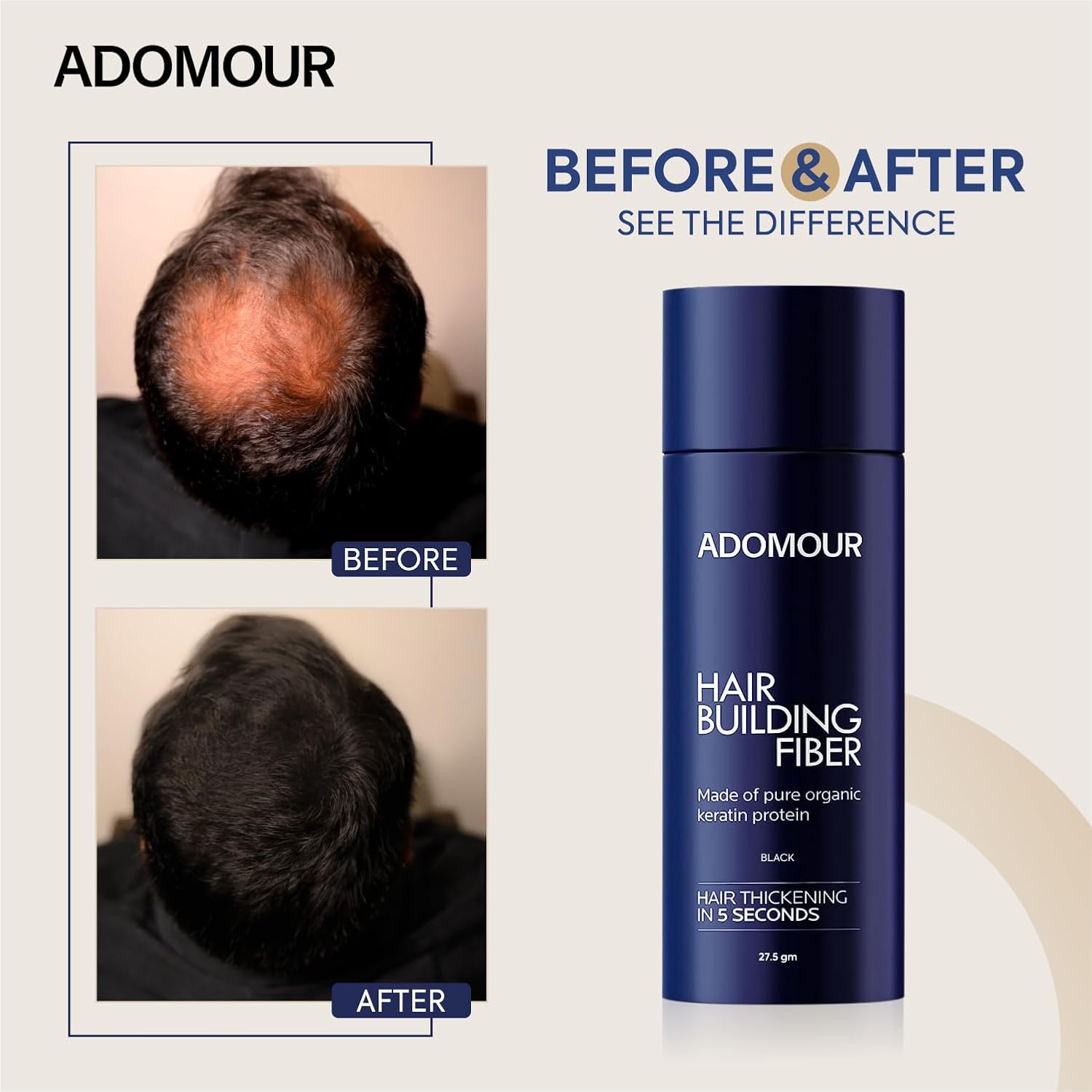 Before and after comparison of hair thickness with Adomour hair building fiber product.