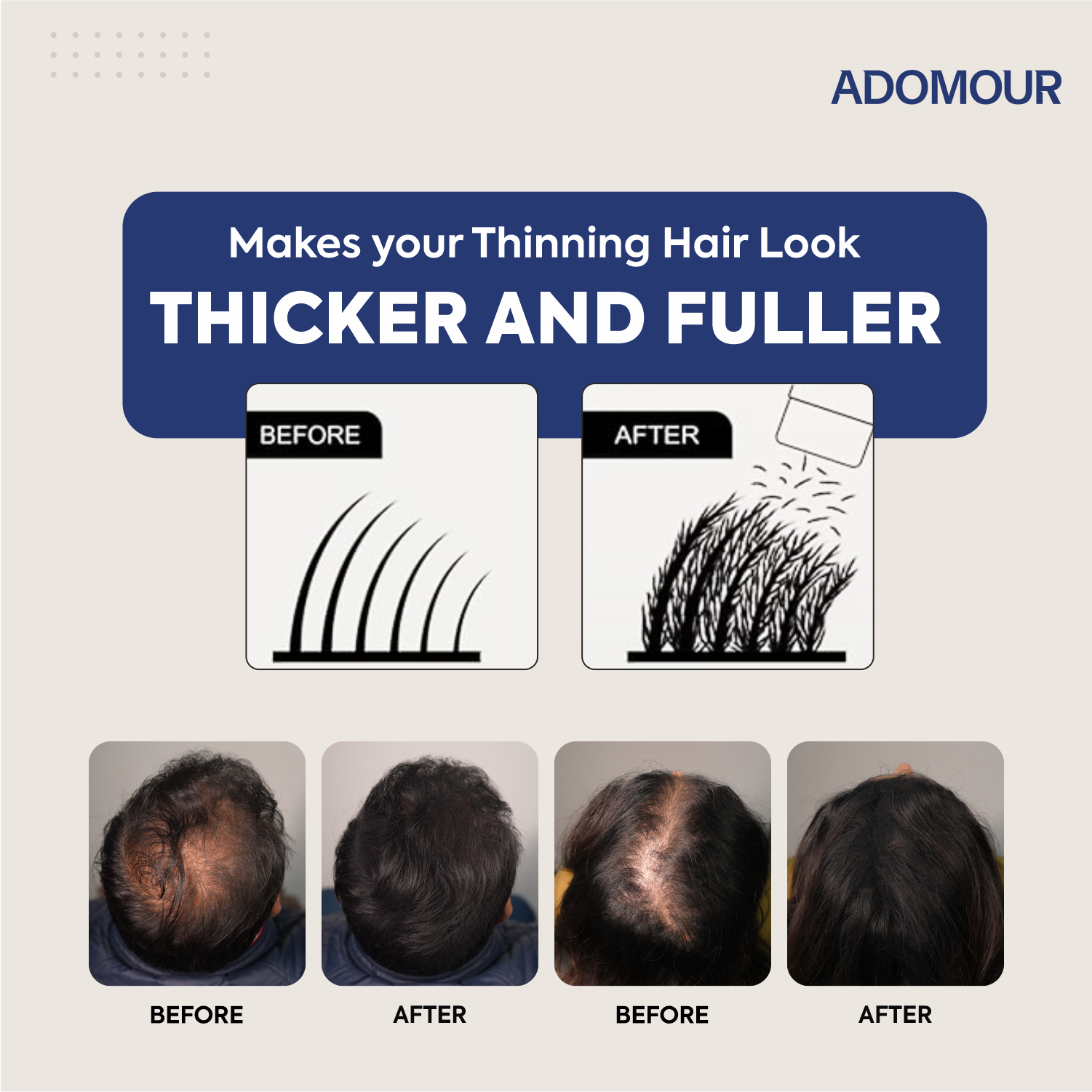 Adomour hair building fibers before and after results showing thicker, fuller hair coverage for thinning hair and bald spots