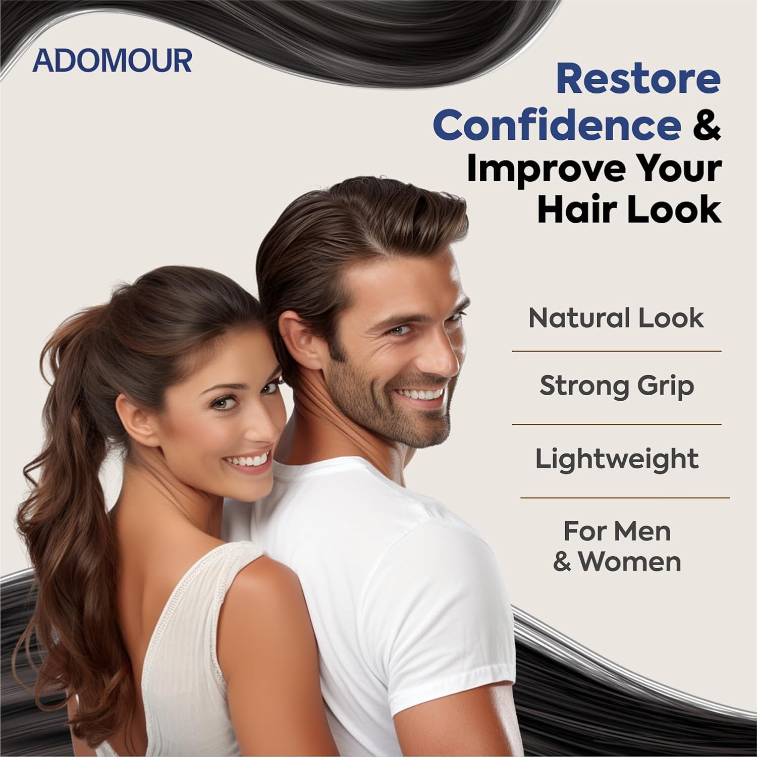 Advertisement for ADOMOUR hair product featuring a man and woman with styled hair.