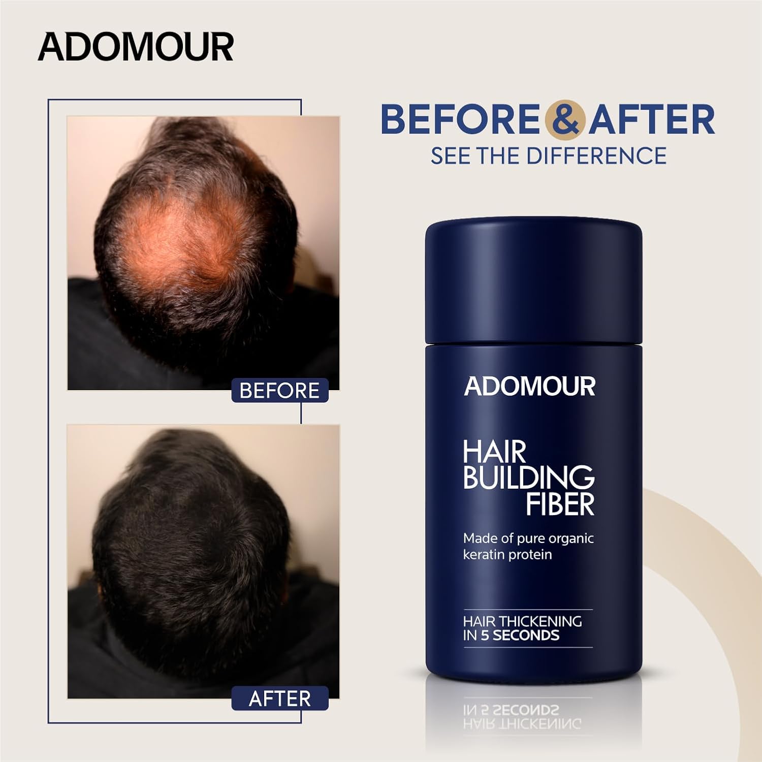 Before and after comparison of hair building fiber with Adomour product packaging.