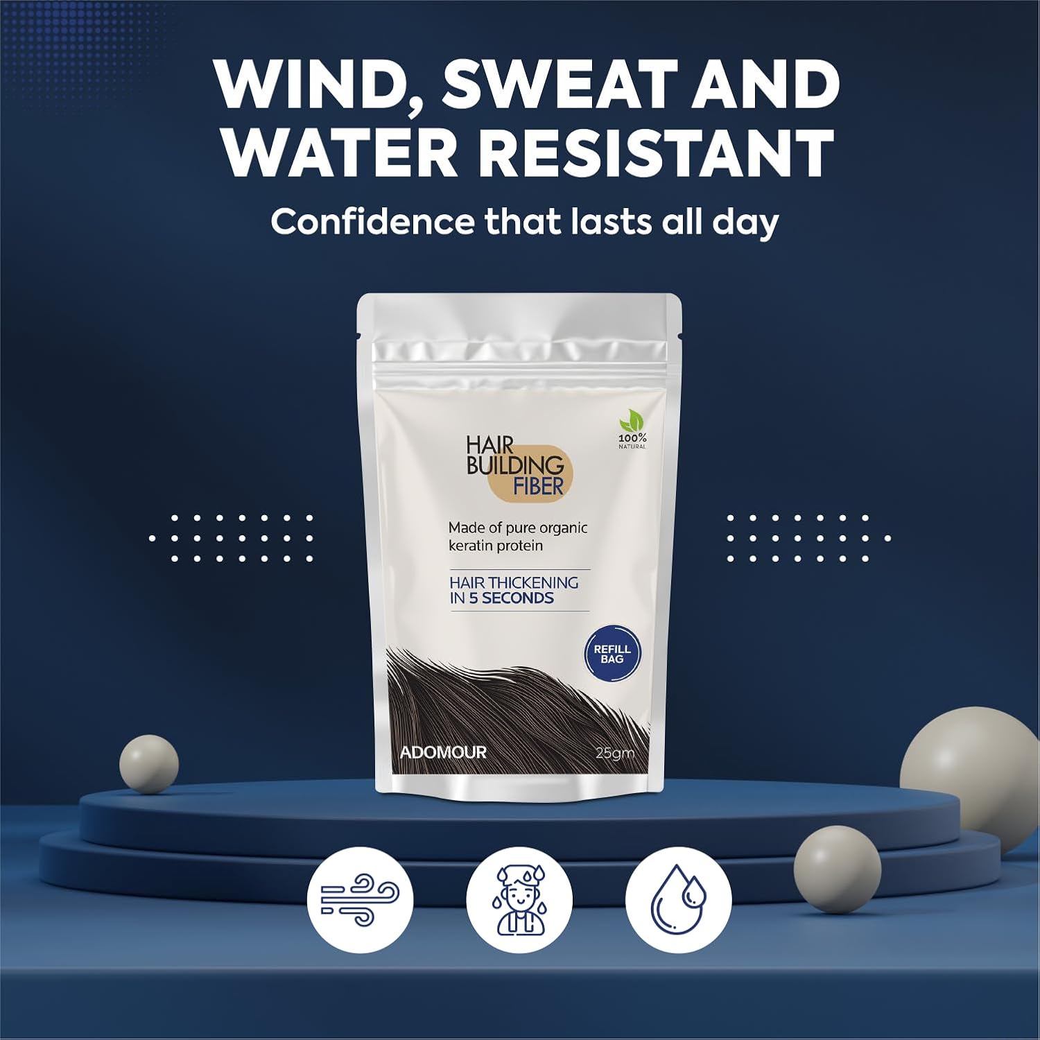 Hair building fiber package on a blue platform with text about resistance properties.