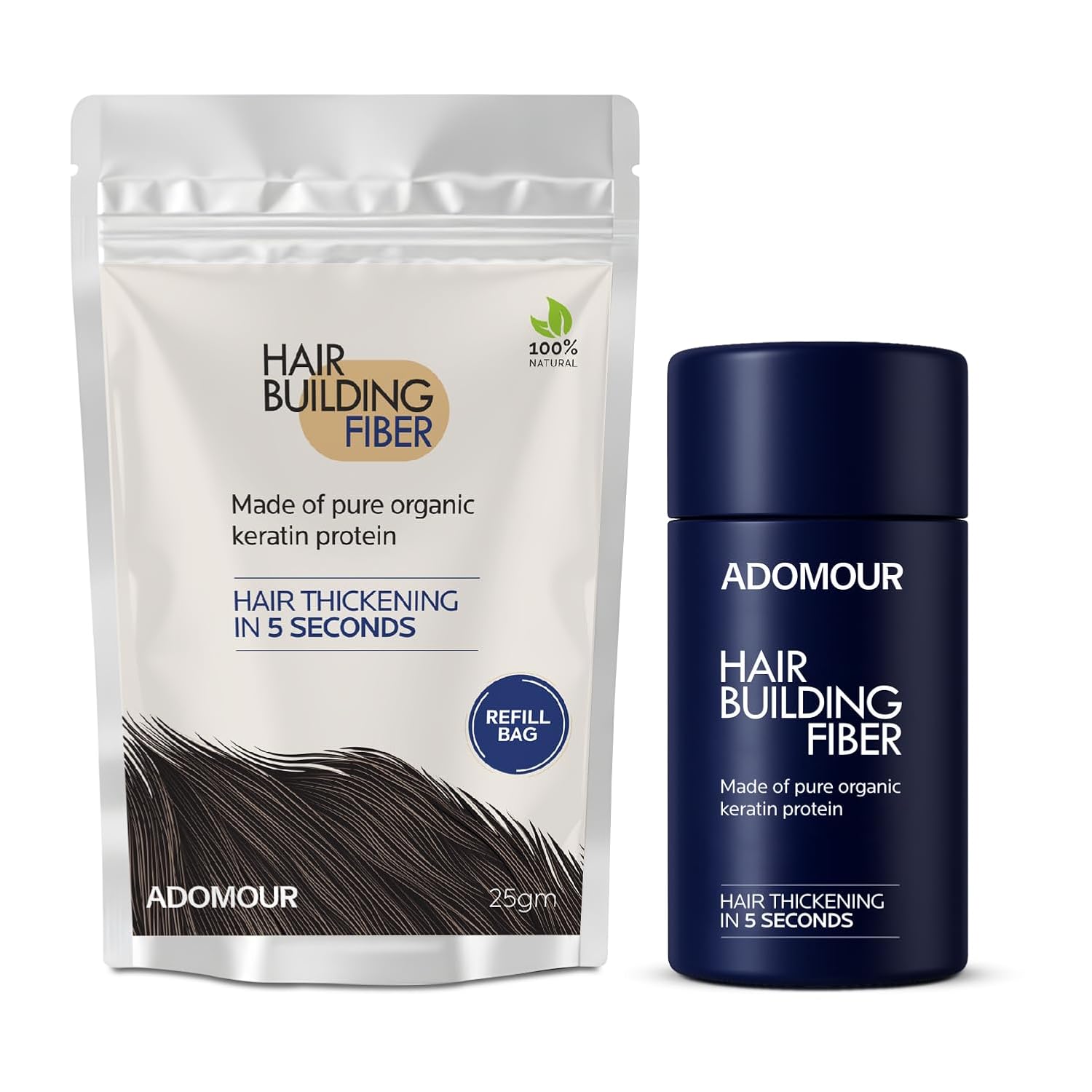 ADOMOUR hair building fiber packaging on a white background