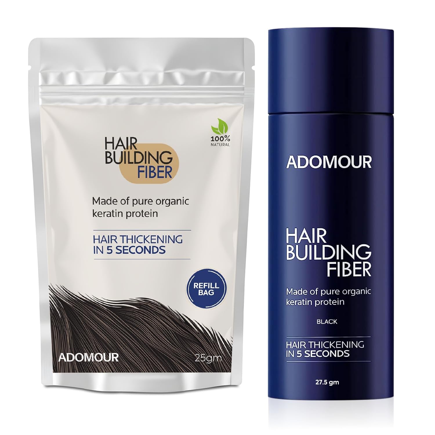ADOMOUR hair building fiber packaging including a refill bag and a blue container on a white background