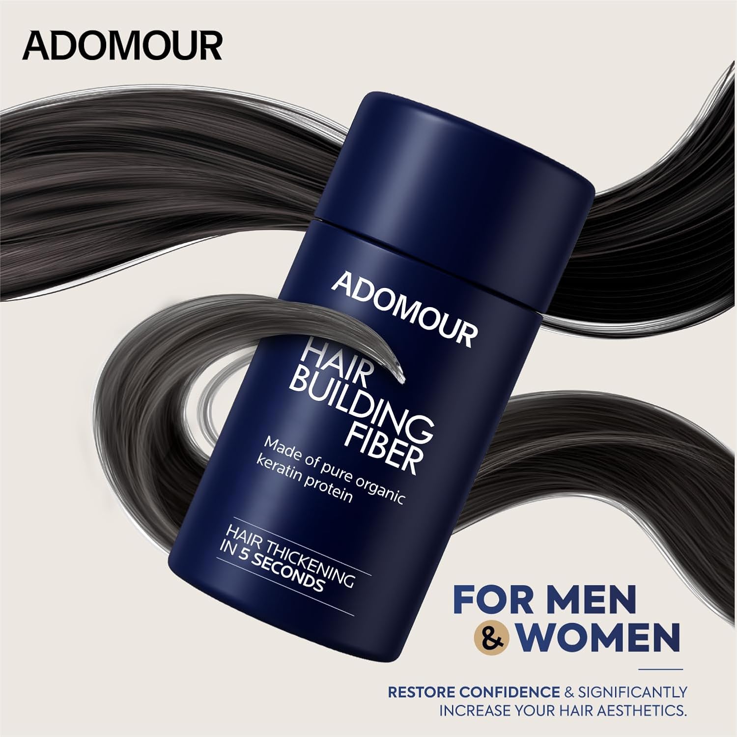 Adomour hair building fiber can with hair strands in the background