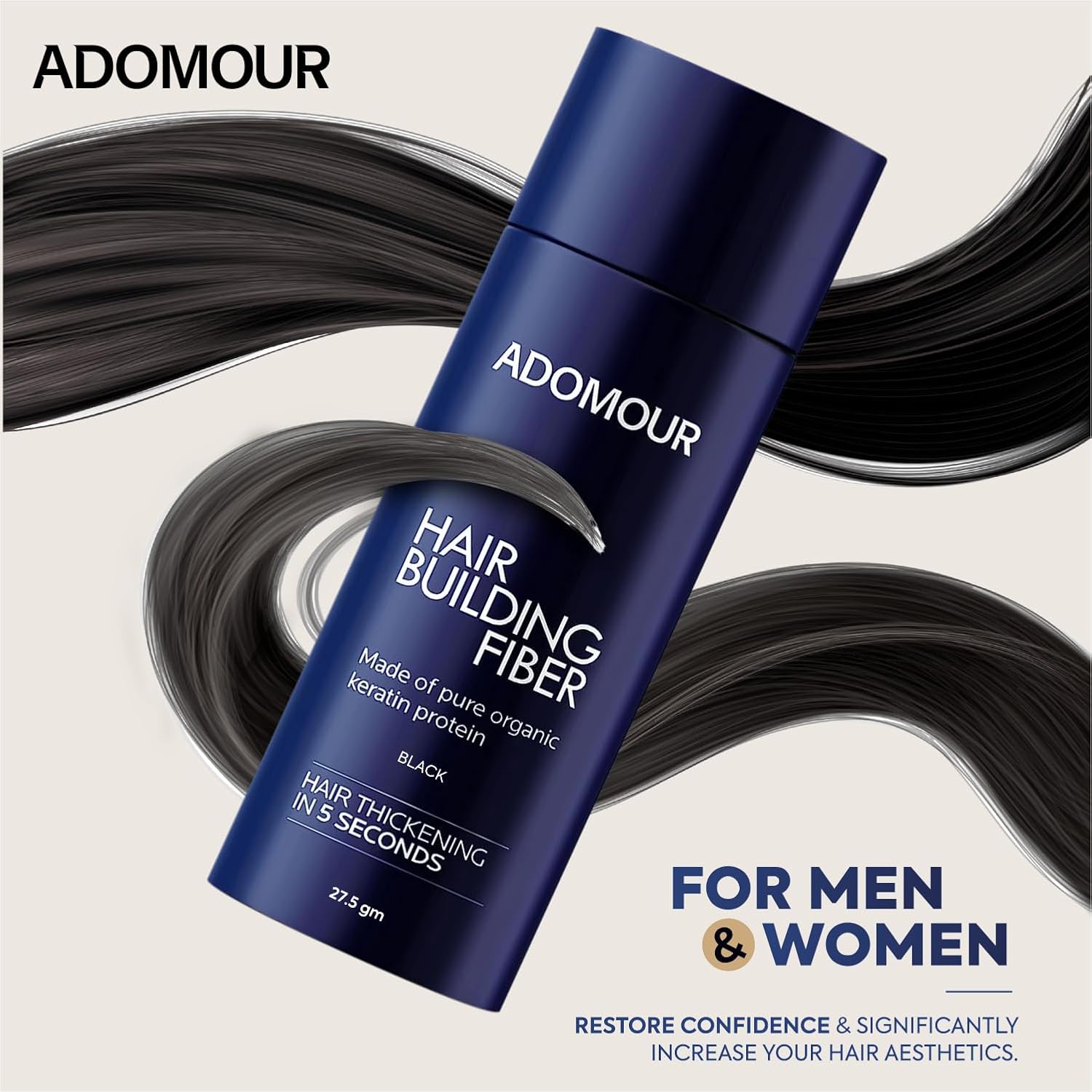 Adomour hair building fiber bottle with hair strands on a light background