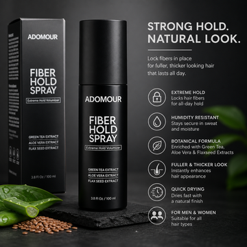 Adomour Hair Building Fiber Spray bottle and packaging on a dark background with product features listed.
