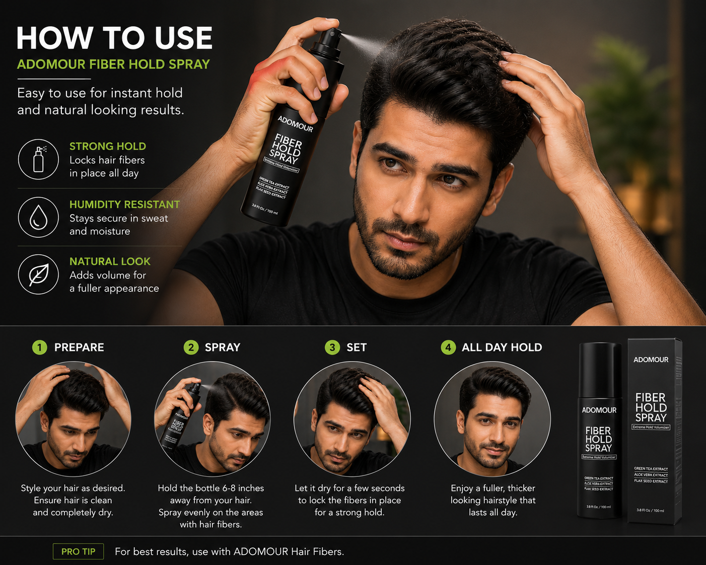Man using Adomour Fiber Hold Spray with product packaging and usage instructions displayed.