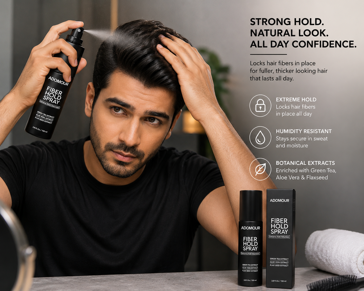 A man using a Strong Hold Hair Spray product with product packaging displayed.