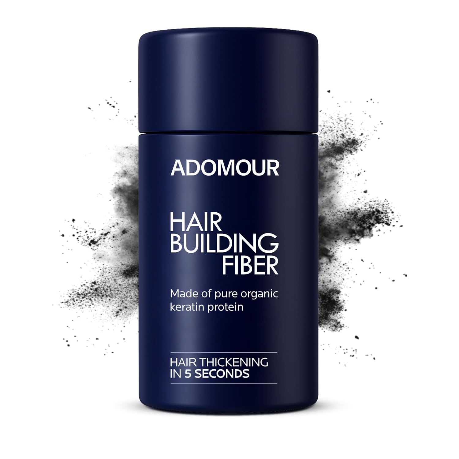 Hair building fiber black container with keratin hair fibers for thick hair fiber results and scalp concealer powder use