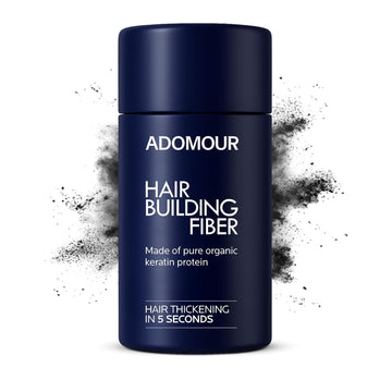 Hair building fiber black container with keratin hair fibers for thick hair fiber results and scalp concealer powder use