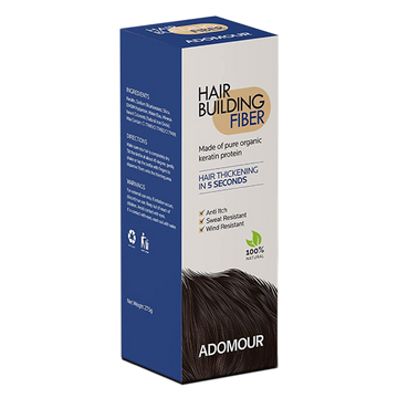 Hair fiber packaging box by Adomour, keratin hair fibers scalp concealer powder for thinning hair, bald spots and hair loss coverage.