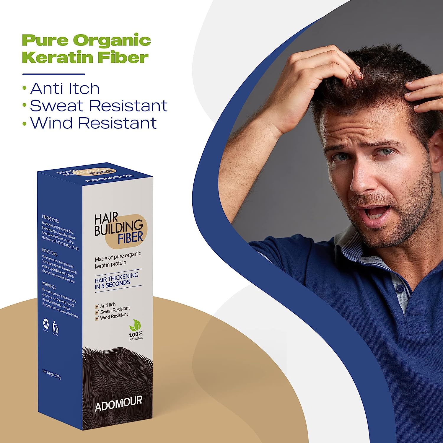 Hair fiber for men with thinning hair showing scalp coverage using hair thick fiber and keratin hair fibers solution