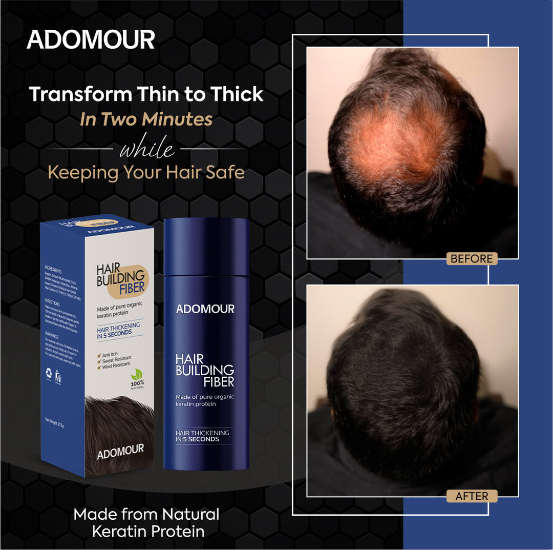 Hair fiber for bald spots transforming thin hair to thick hair using keratin hair fibers and hair loss concealer.