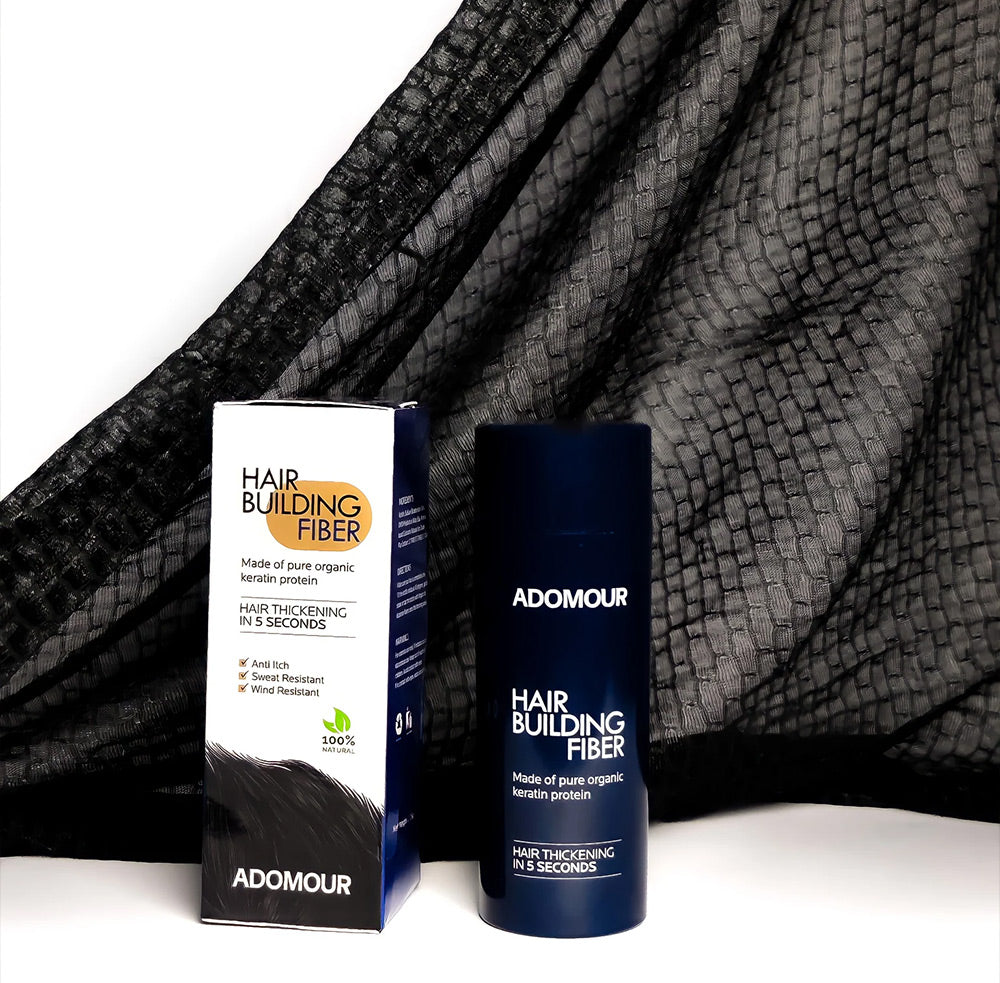 Adomour hair building fiber product packaging with keratin hair fibers black for hair thickening powder and hair fiber for bald spots